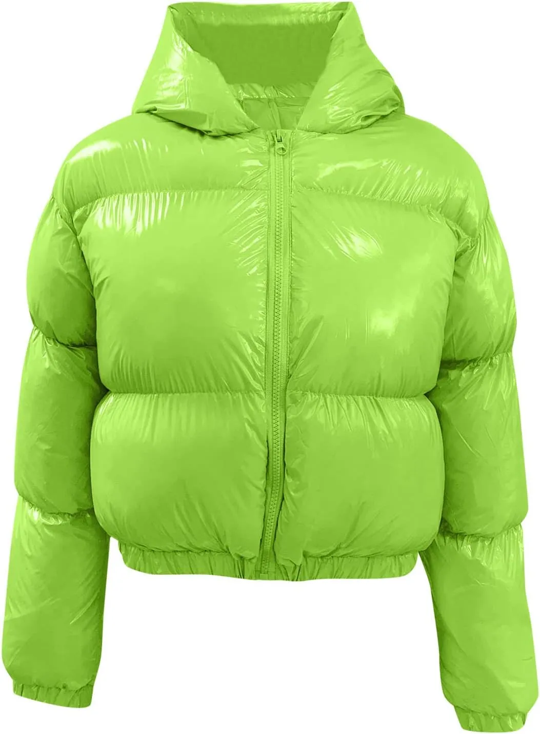2024 Fashion Cool Zipper Crop Jacket Coat for Women Long Sleeve Hooded Quilted Outwear Casual Loose Oversized Overcoat