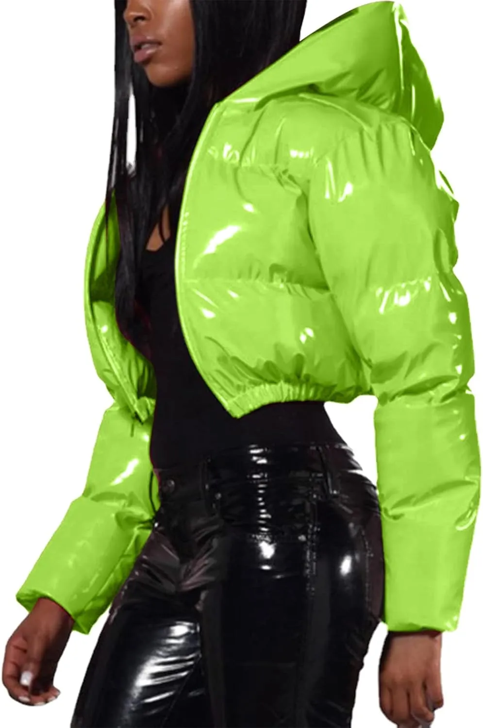 2024 Fashion Cool Zipper Crop Jacket Coat for Women Long Sleeve Hooded Quilted Outwear Casual Loose Oversized Overcoat