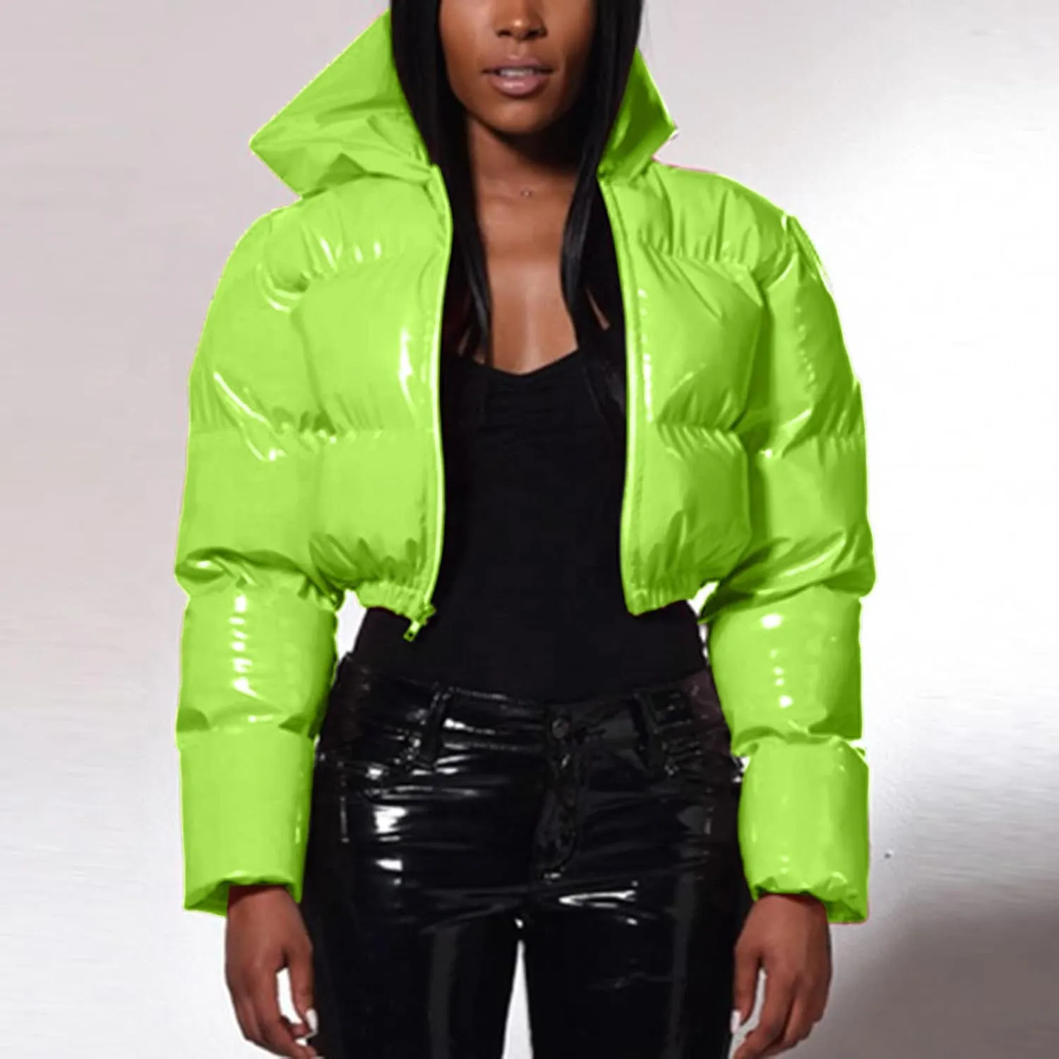 2024 Fashion Cool Zipper Crop Jacket Coat for Women Long Sleeve Hooded Quilted Outwear Casual Loose Oversized Overcoat