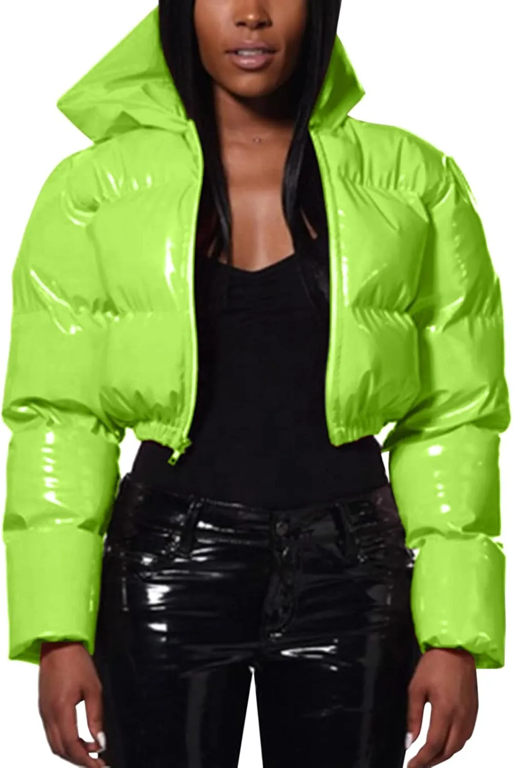 2024 Fashion Cool Zipper Crop Jacket Coat for Women Long Sleeve Hooded Quilted Outwear Casual Loose Oversized Overcoat