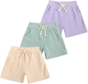 3-Pack Little Boys Girls Shorts with Drawstring and Pockets Toddler Kids Summer Solid Cotton Bottoms