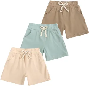 3-Pack Little Boys Girls Shorts with Drawstring and Pockets Toddler Kids Summer Solid Cotton Bottoms