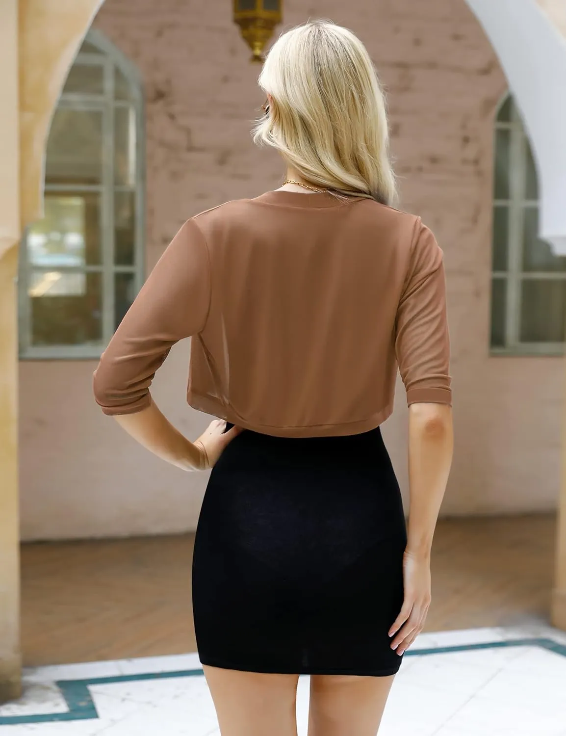 Aiboria Women 3/4 Sleeve Sheer Shrugs Open Front Mesh Bolero Cropped Cardigan S-XXL