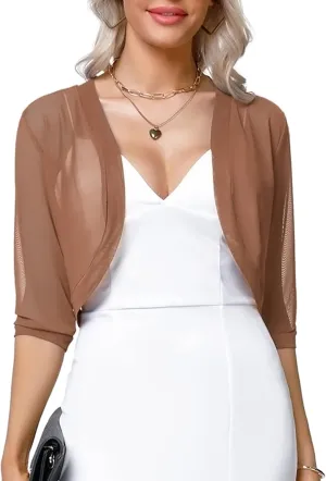 Aiboria Women 3/4 Sleeve Sheer Shrugs Open Front Mesh Bolero Cropped Cardigan S-XXL
