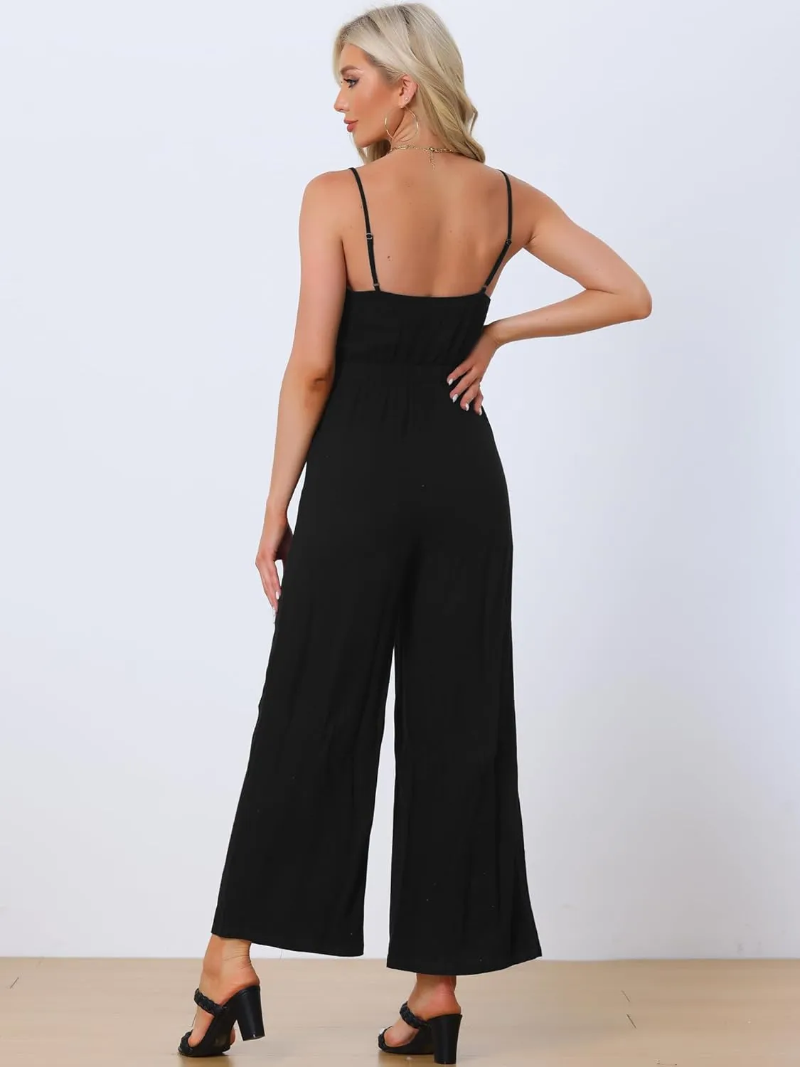Allegra K Summer Outfits Jumpsuits for Women's Casual Spaghetti Strap Cut Out Wide Leg Jumpsuit with Pockets