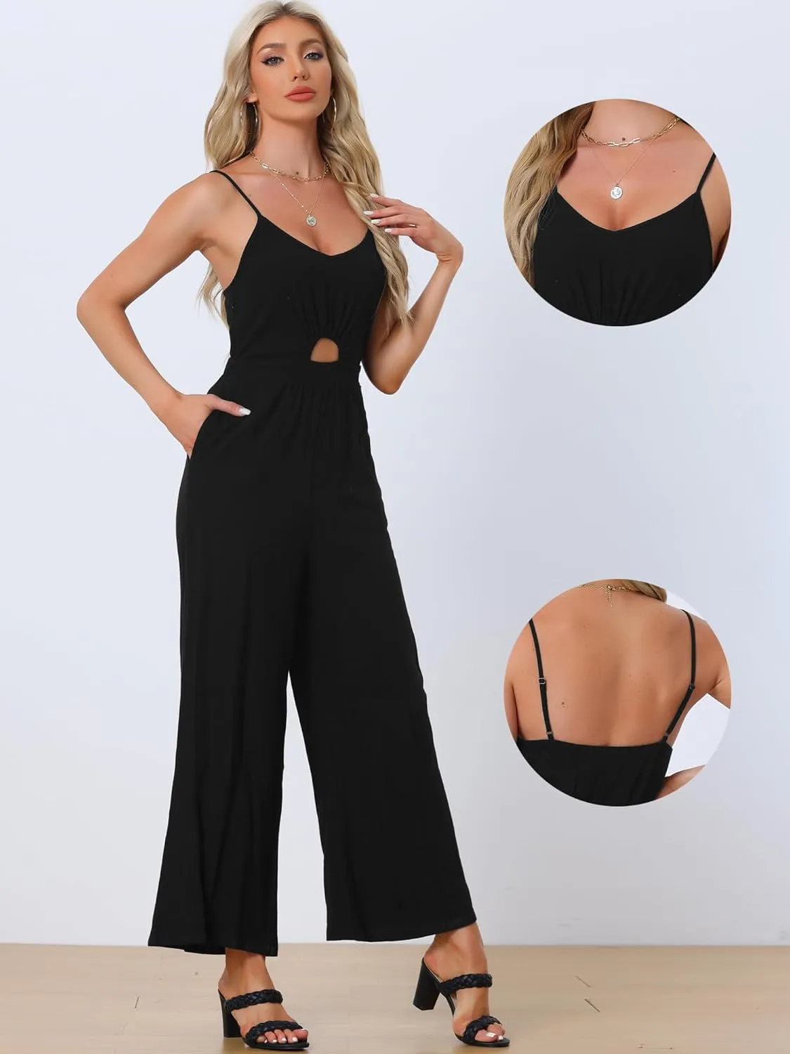 Allegra K Summer Outfits Jumpsuits for Women's Casual Spaghetti Strap Cut Out Wide Leg Jumpsuit with Pockets