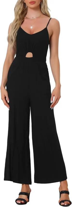 Allegra K Summer Outfits Jumpsuits for Women's Casual Spaghetti Strap Cut Out Wide Leg Jumpsuit with Pockets