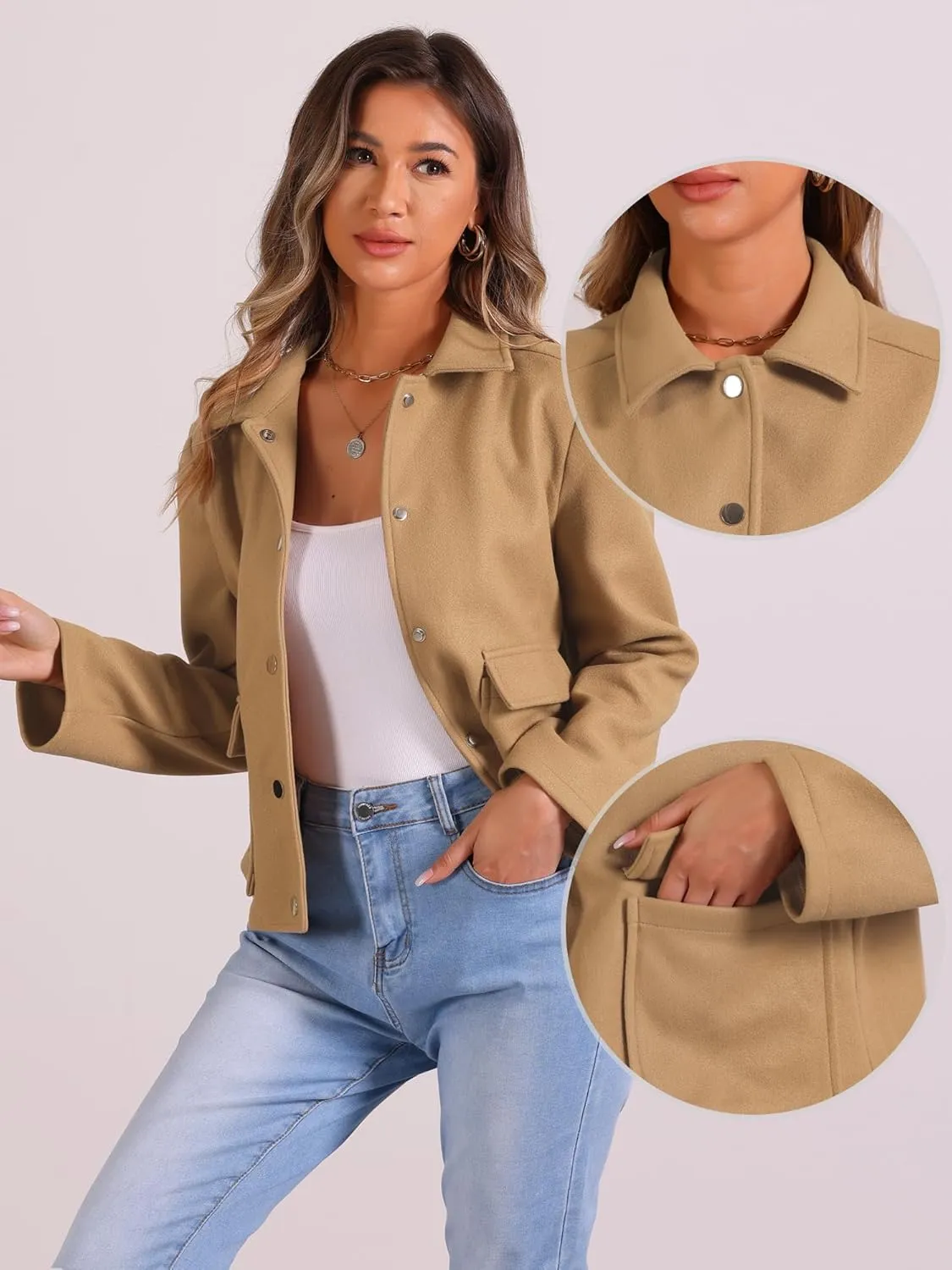 Allegra K Winter Cropped Coat for Women's Button Down Long Sleeve Coat