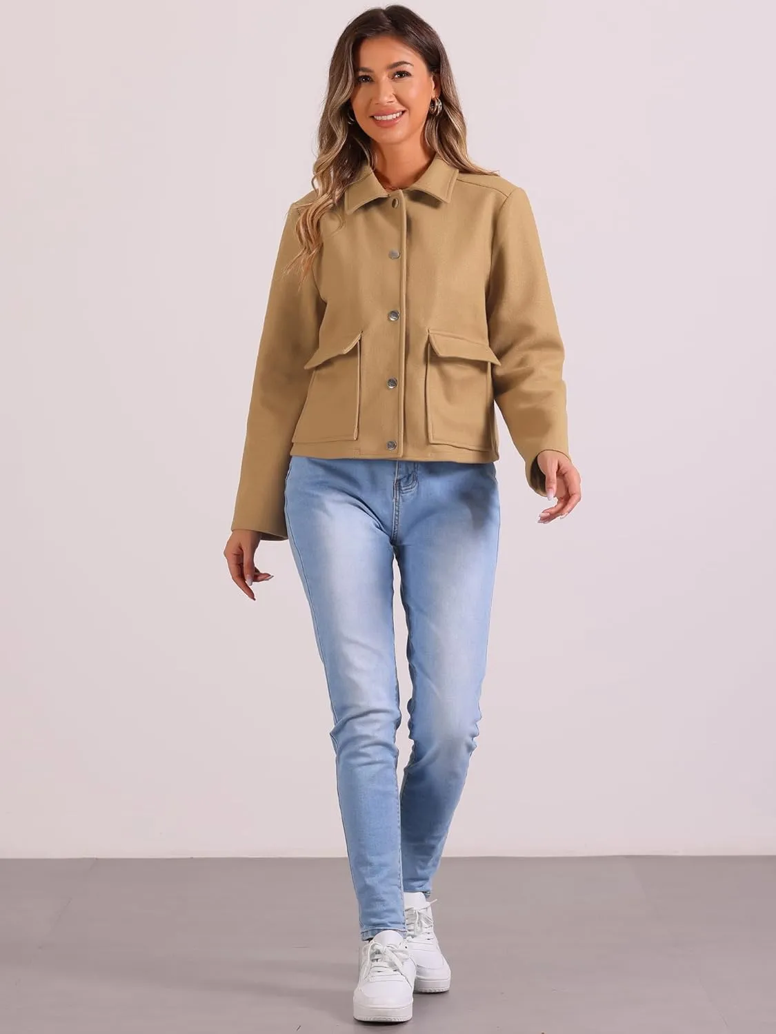 Allegra K Winter Cropped Coat for Women's Button Down Long Sleeve Coat
