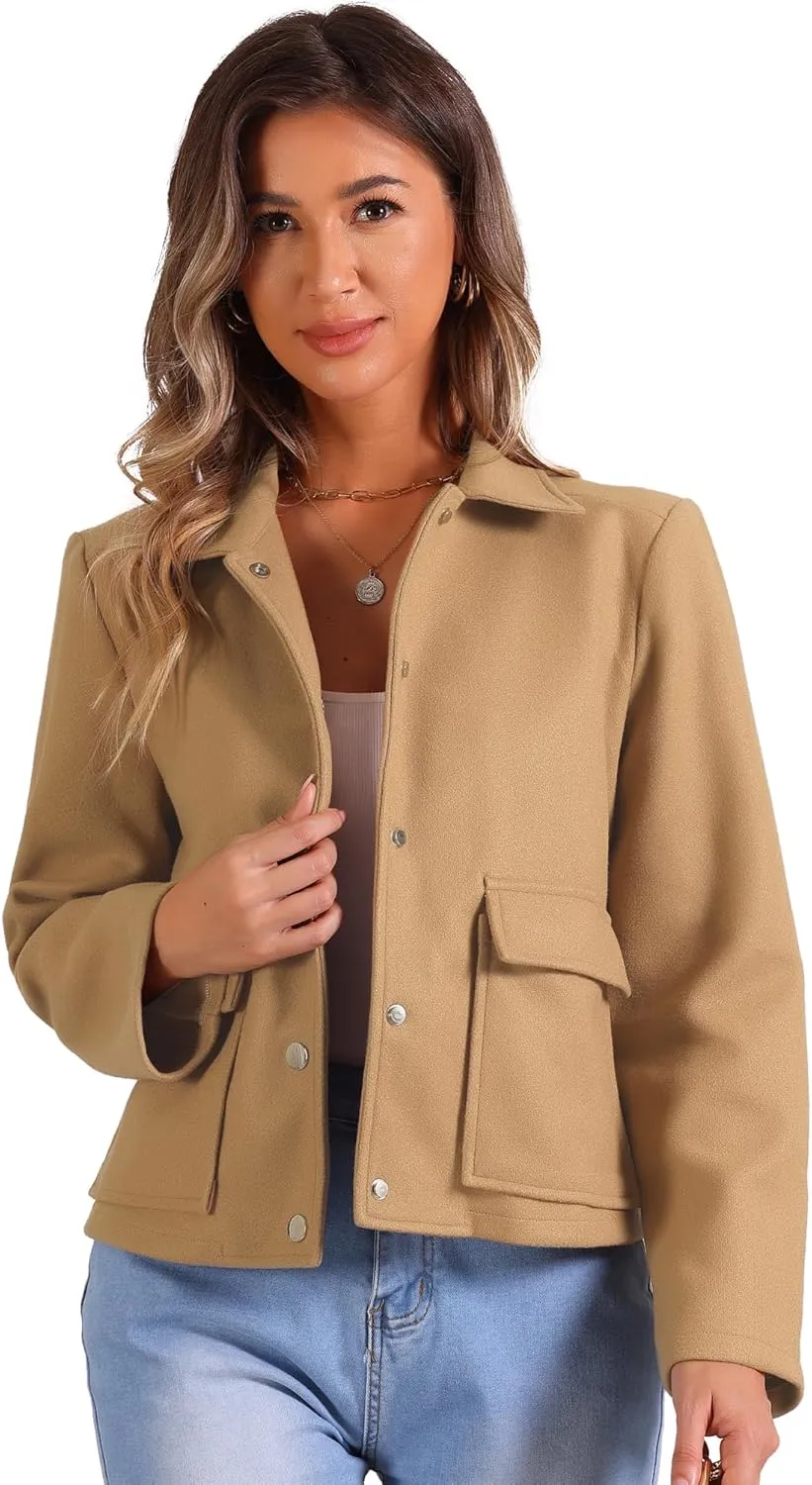Allegra K Winter Cropped Coat for Women's Button Down Long Sleeve Coat