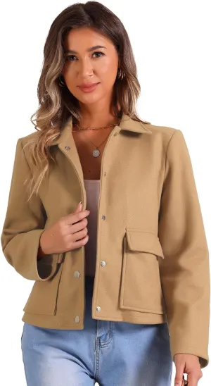 Allegra K Winter Cropped Coat for Women's Button Down Long Sleeve Coat
