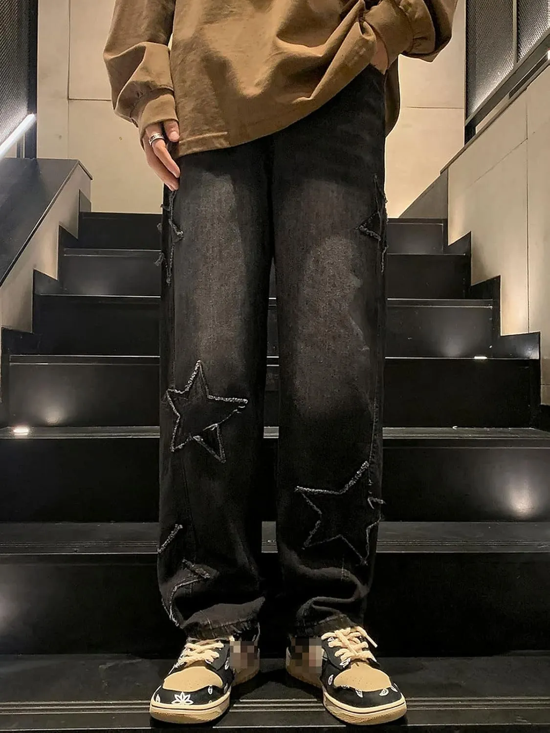 Astellarie Mens Streetwear Gothic Loose Fit Hip Hop Baggy Straight Leg Jeans Pants Denim Trousers with Pockets