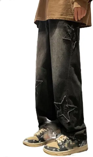 Astellarie Mens Streetwear Gothic Loose Fit Hip Hop Baggy Straight Leg Jeans Pants Denim Trousers with Pockets