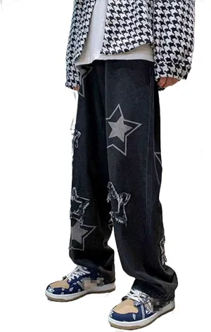 Astellarie Mens Streetwear Gothic Loose Fit Hip Hop Baggy Straight Leg Jeans Pants Denim Trousers with Pockets