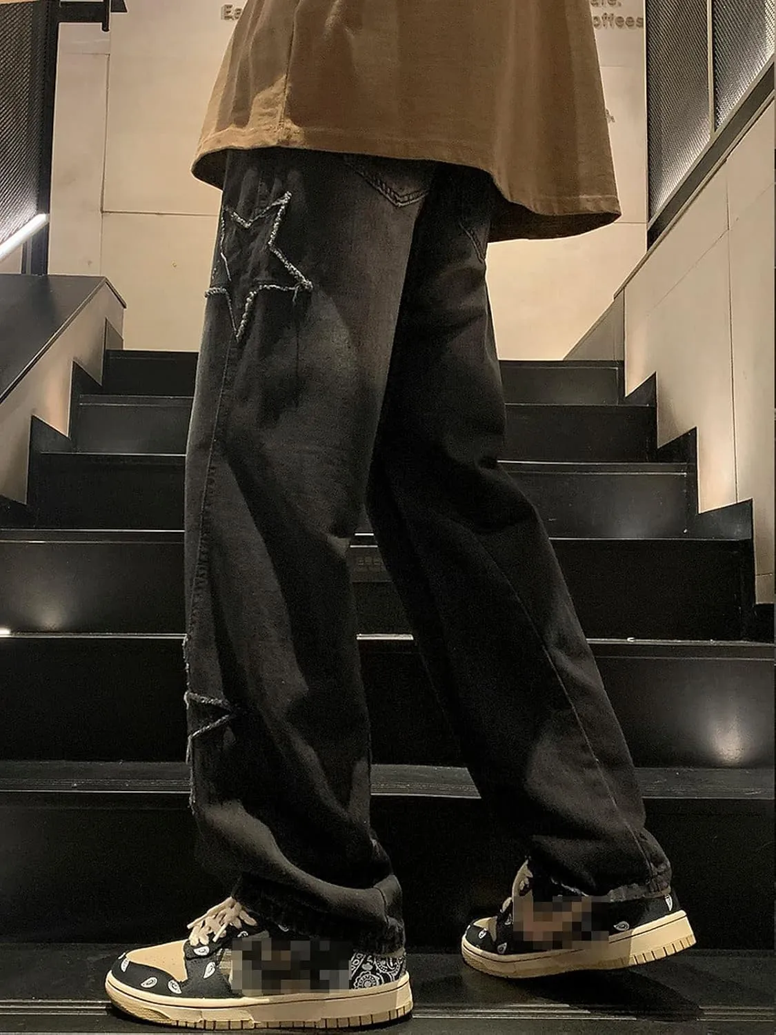 Astellarie Mens Streetwear Gothic Loose Fit Hip Hop Baggy Straight Leg Jeans Pants Denim Trousers with Pockets