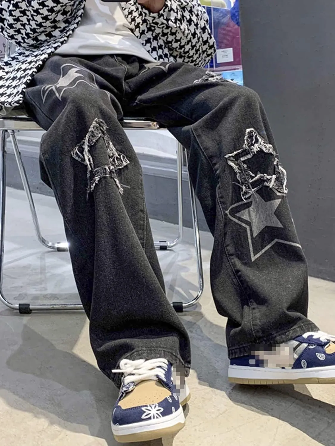 Astellarie Mens Streetwear Gothic Loose Fit Hip Hop Baggy Straight Leg Jeans Pants Denim Trousers with Pockets