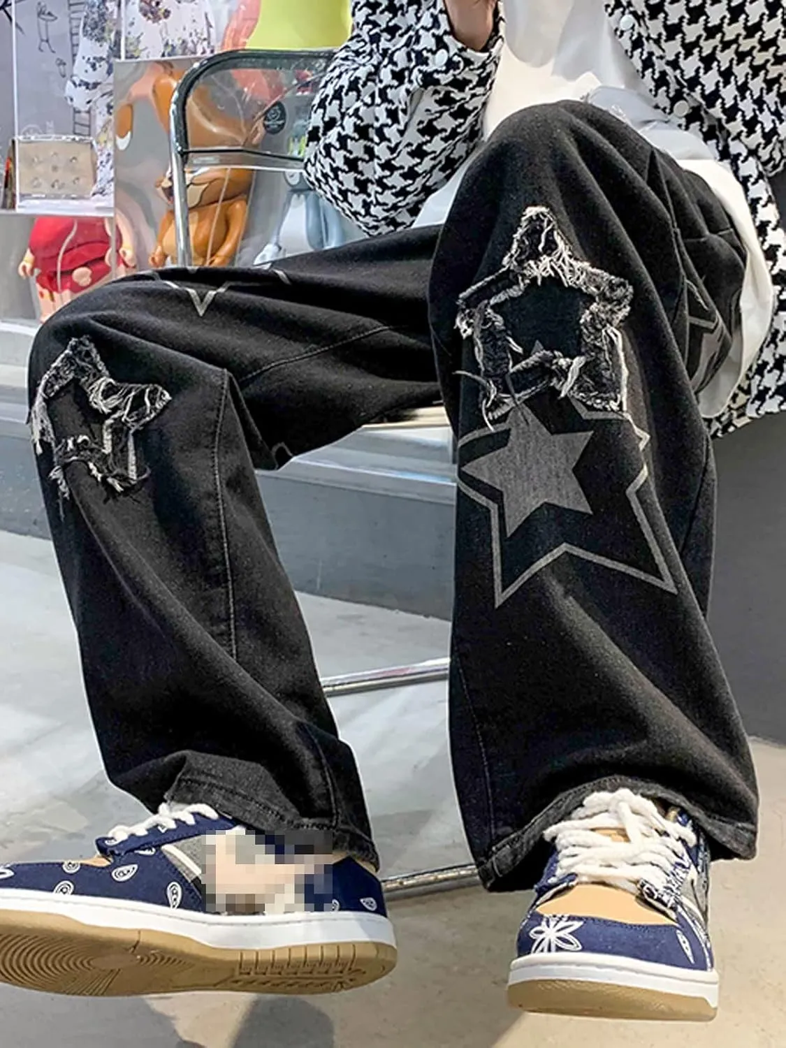 Astellarie Mens Streetwear Gothic Loose Fit Hip Hop Baggy Straight Leg Jeans Pants Denim Trousers with Pockets