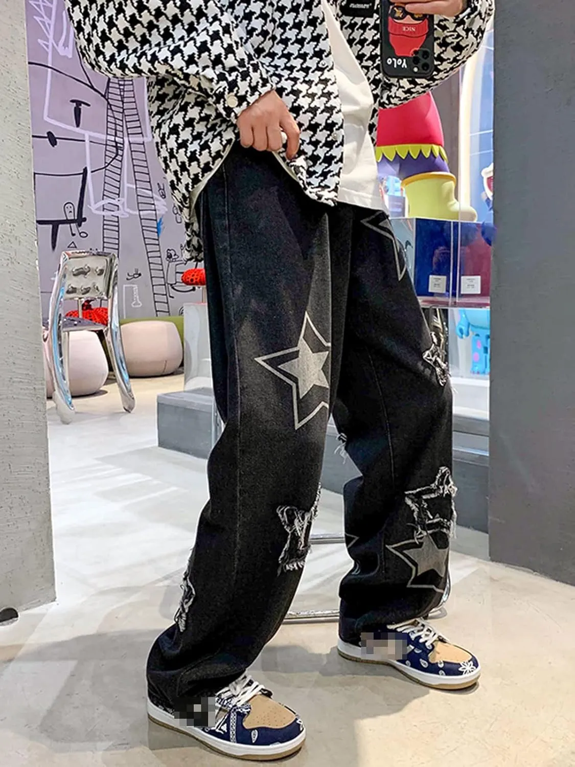 Astellarie Mens Streetwear Gothic Loose Fit Hip Hop Baggy Straight Leg Jeans Pants Denim Trousers with Pockets