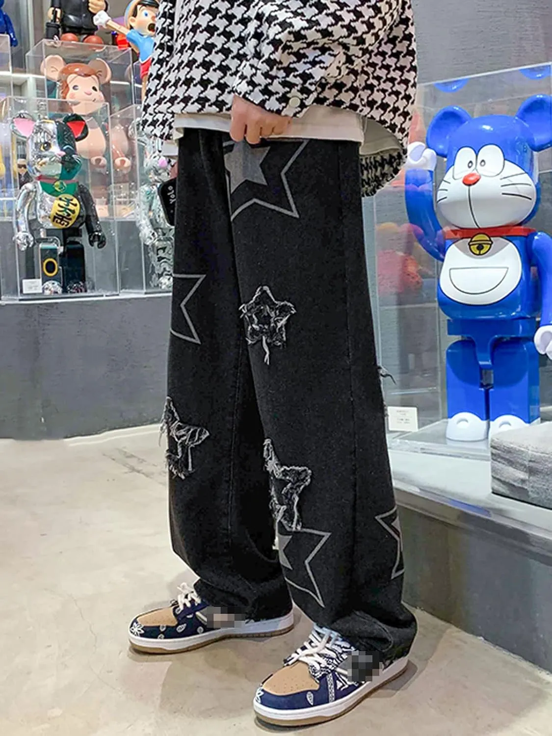 Astellarie Mens Streetwear Gothic Loose Fit Hip Hop Baggy Straight Leg Jeans Pants Denim Trousers with Pockets