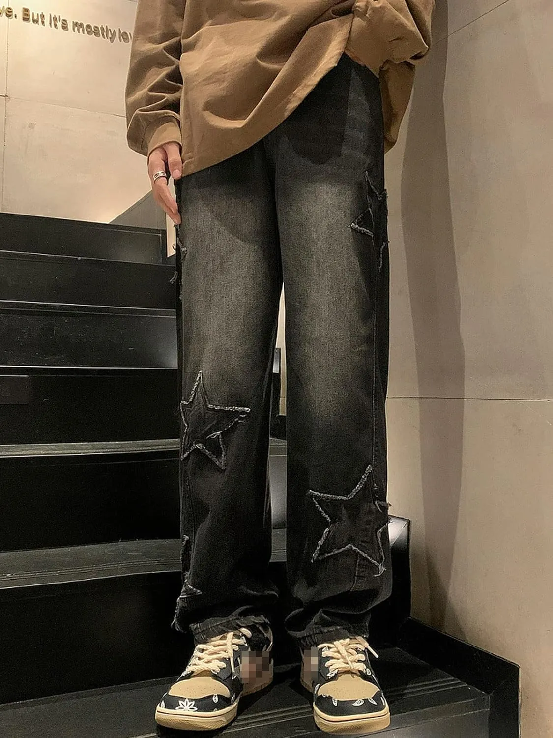 Astellarie Mens Streetwear Gothic Loose Fit Hip Hop Baggy Straight Leg Jeans Pants Denim Trousers with Pockets