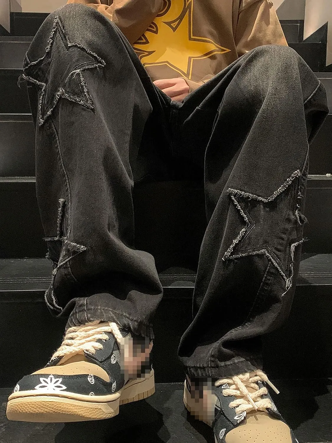 Astellarie Mens Streetwear Gothic Loose Fit Hip Hop Baggy Straight Leg Jeans Pants Denim Trousers with Pockets