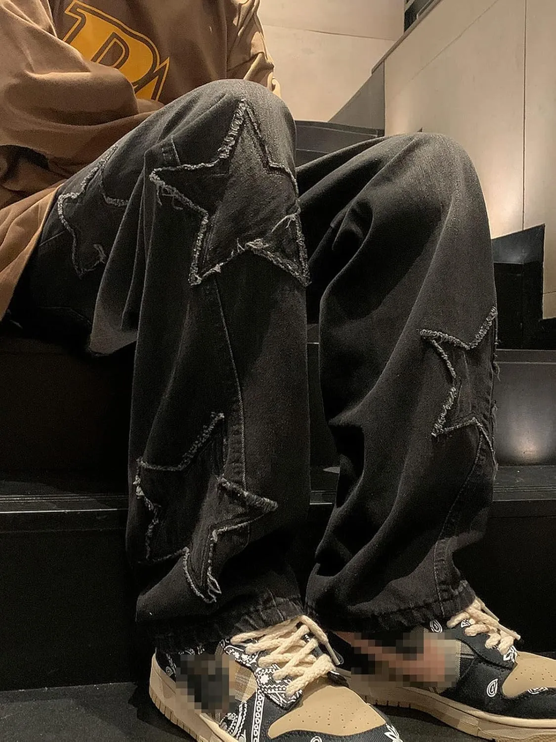 Astellarie Mens Streetwear Gothic Loose Fit Hip Hop Baggy Straight Leg Jeans Pants Denim Trousers with Pockets