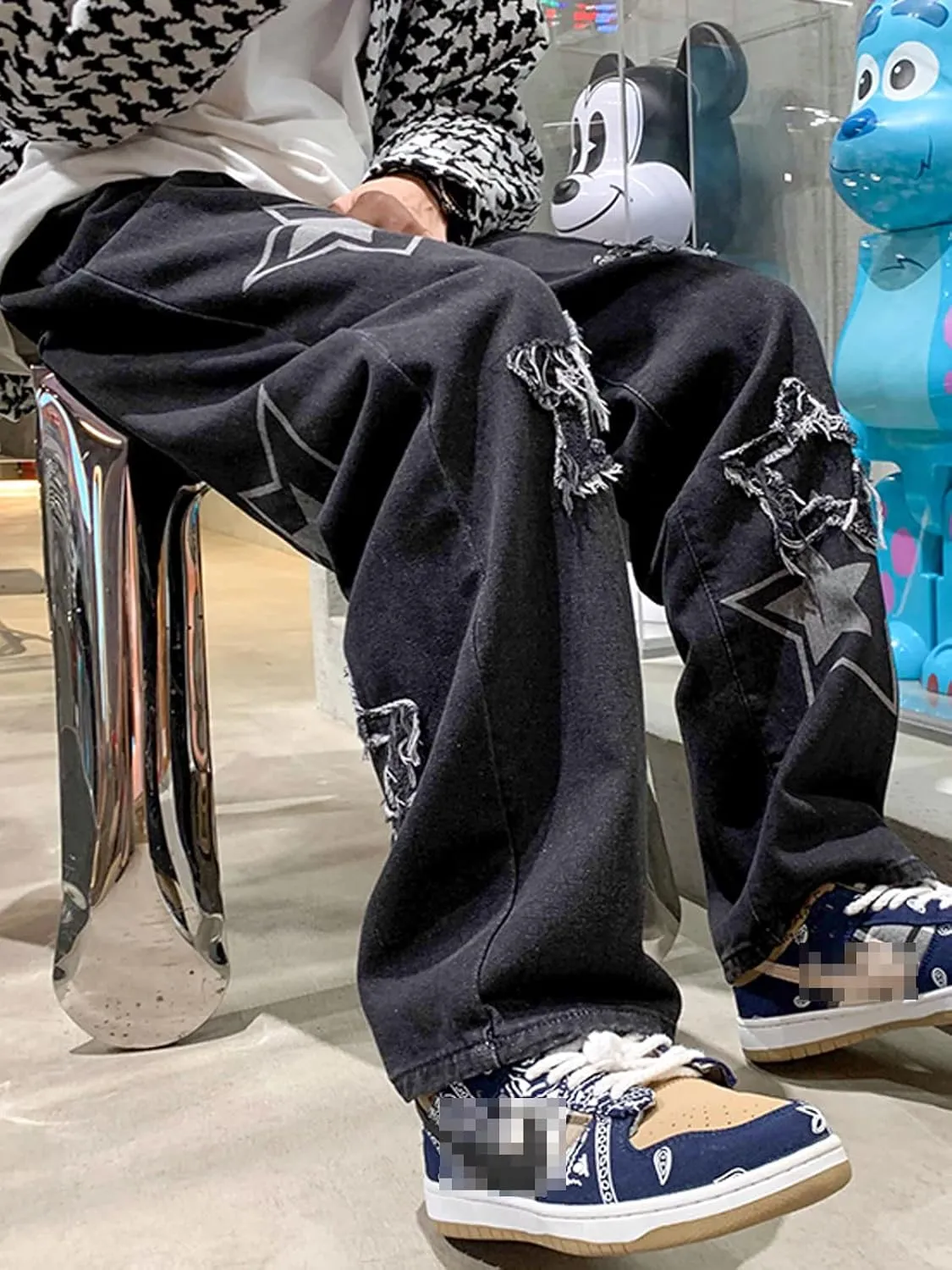 Astellarie Mens Streetwear Gothic Loose Fit Hip Hop Baggy Straight Leg Jeans Pants Denim Trousers with Pockets