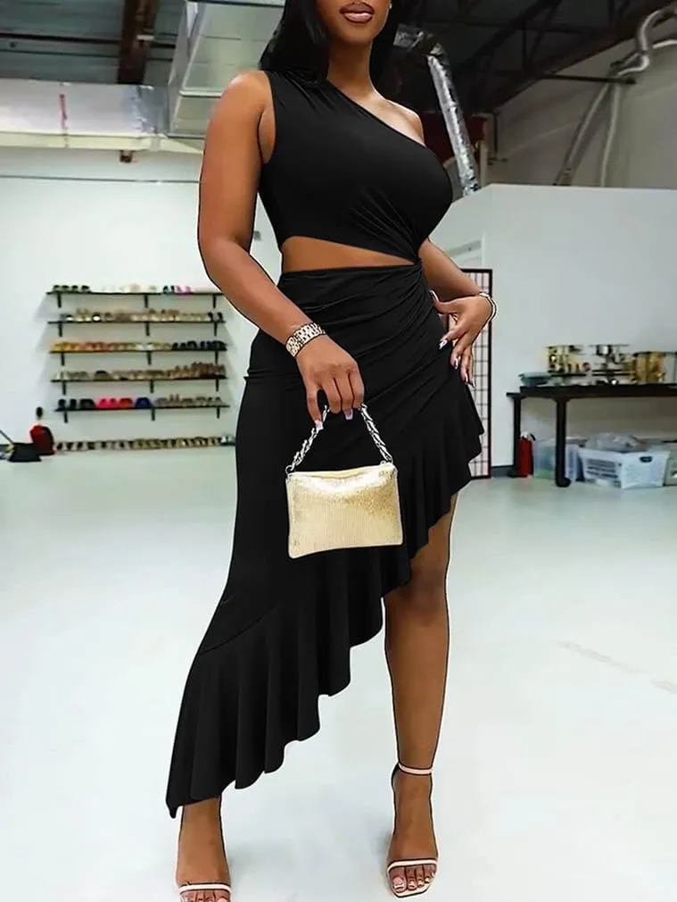 BEAGIMEG Women's Sexy Bodycon One Shoulder Ruffle Assymetrical Cut Out Club Party Cocktail Maxi Dress