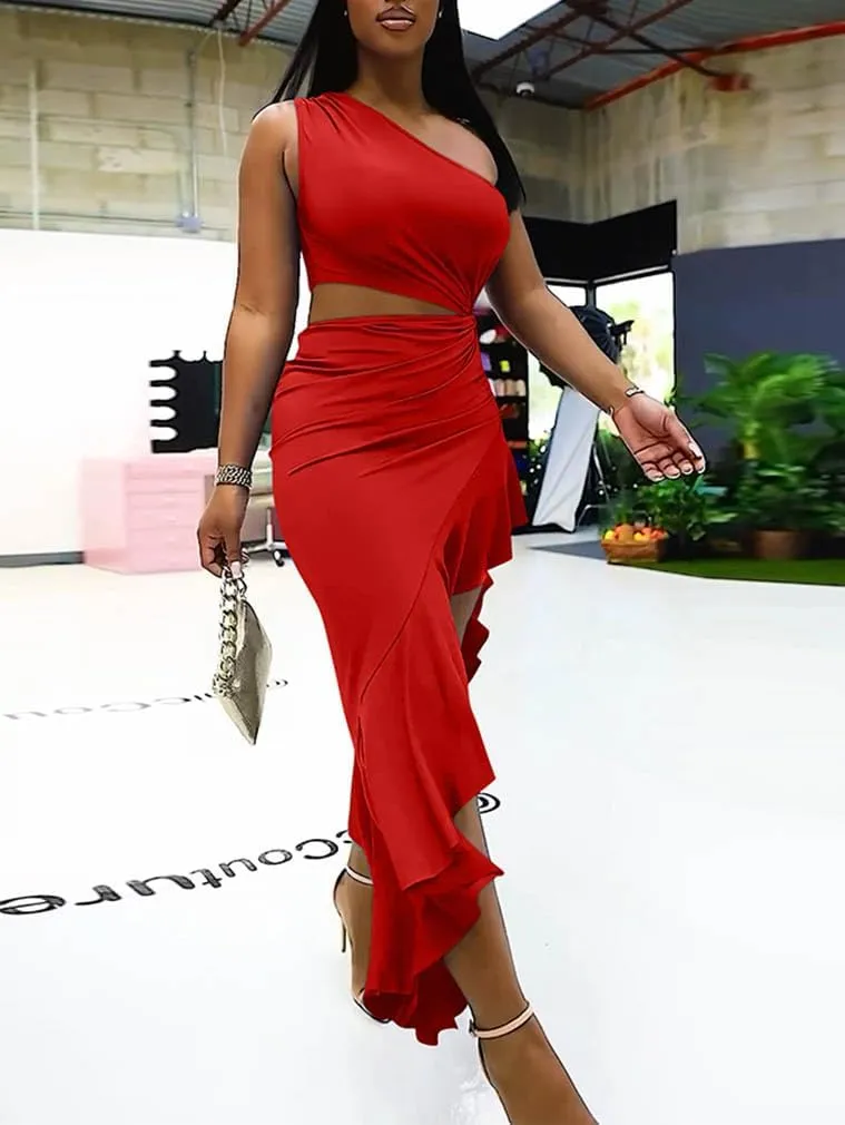 BEAGIMEG Women's Sexy Bodycon One Shoulder Ruffle Assymetrical Cut Out Club Party Cocktail Maxi Dress