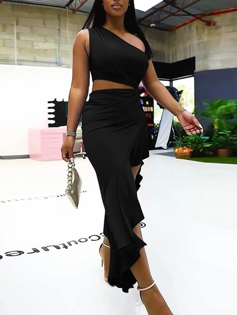 BEAGIMEG Women's Sexy Bodycon One Shoulder Ruffle Assymetrical Cut Out Club Party Cocktail Maxi Dress