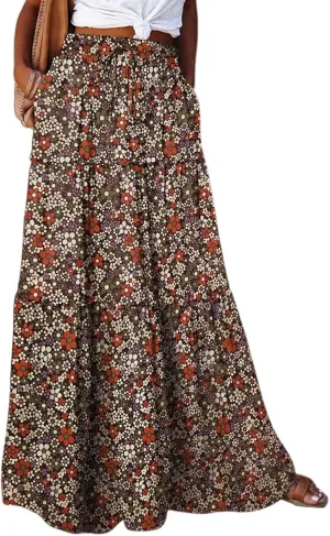 Boho Maxi Skirt for Women Tie Elastic High Waist Long Skirts Casual Summer Tiered Ruffle Trendy Skirt with Pockets
