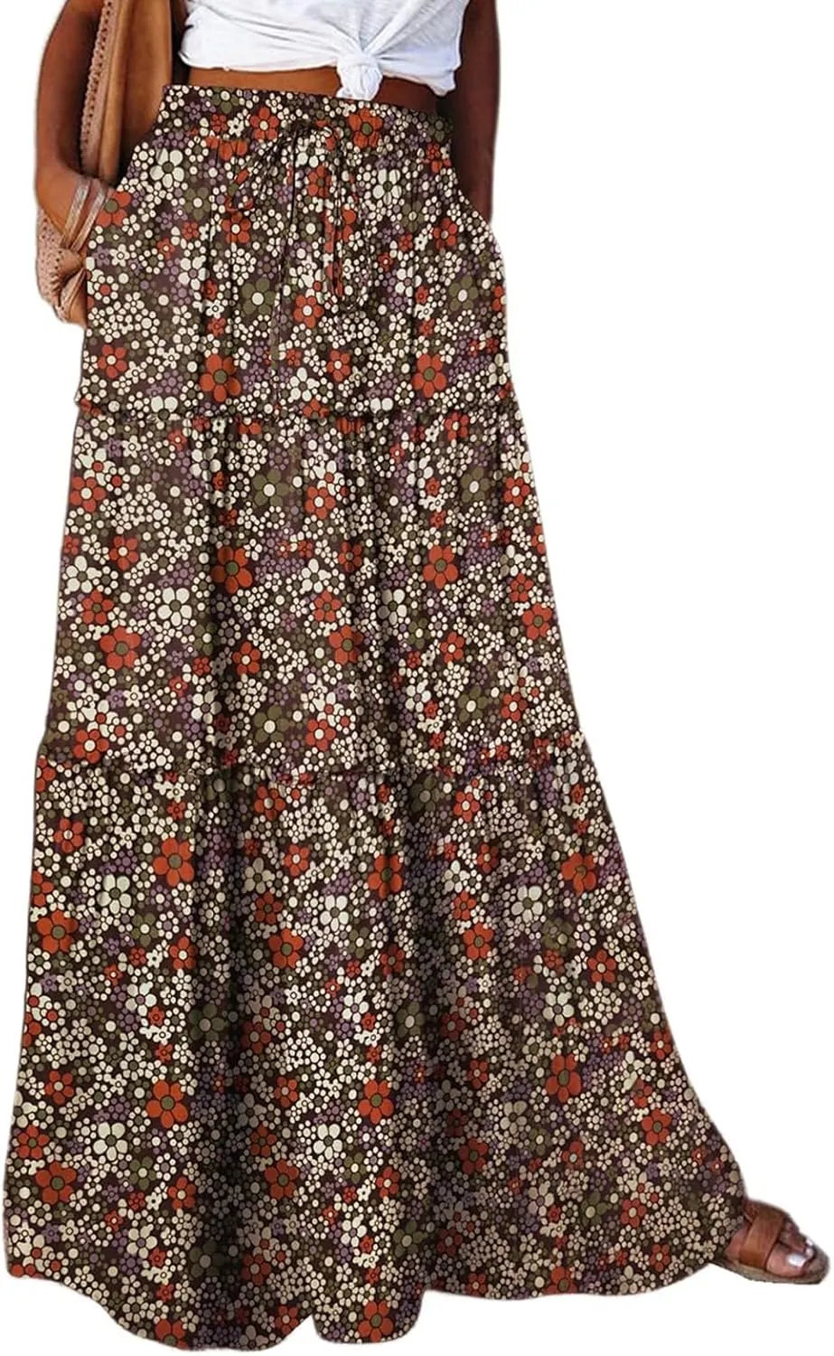 Boho Maxi Skirt for Women Tie Elastic High Waist Long Skirts Casual Summer Tiered Ruffle Trendy Skirt with Pockets
