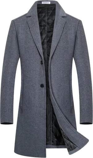 BOJIN Mens Trench Coat Wool Blend Top Pea Coat Winter Long Single Breasted Classic Stylish Business Overcoat