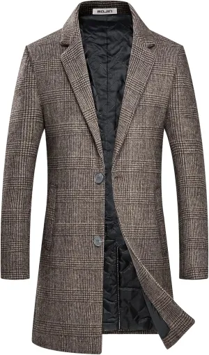 BOJIN Mens Trench Coat Wool Blend Top Pea Coat Winter Long Single Breasted Classic Stylish Business Overcoat