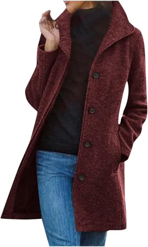 Borniu Women's Casual Thicken Wool Blend Stand Collar Single Breasted Pea Coat Winter Dress Coat with Pockets