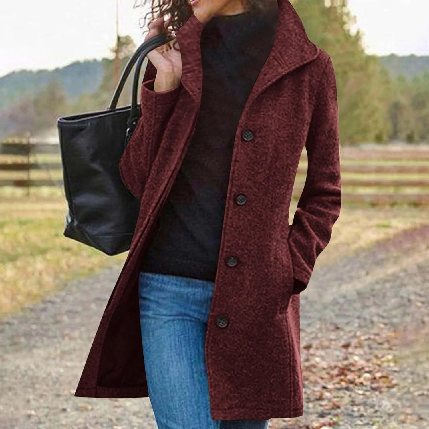 Borniu Women's Casual Thicken Wool Blend Stand Collar Single Breasted Pea Coat Winter Dress Coat with Pockets