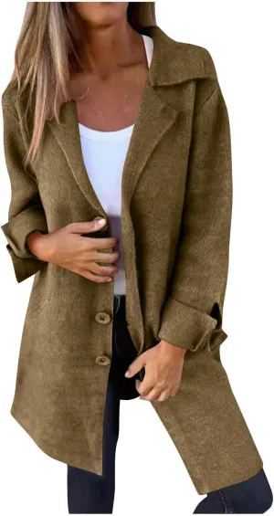 Borniu Womens Long Wool Blend Pea Coat Single Breasted Trench Coat Notch Lapel Open Front Cardigan Jacket Fall Winter Clothes