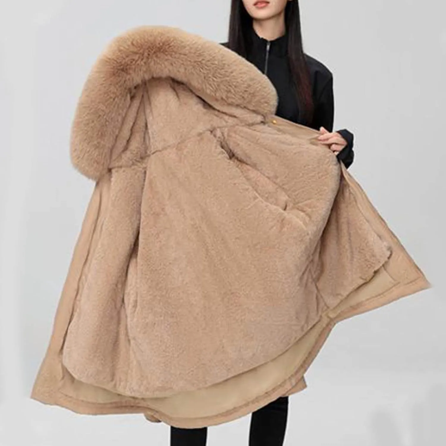 Borniu Women's Warm Thickened Parka Coat Winter Puffer Jacket with Removable Hood Drawstring Fleece Lined Down Jacket