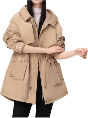 Borniu Women's Warm Thickened Parka Coat Winter Puffer Jacket with Removable Hood Drawstring Fleece Lined Down Jacket