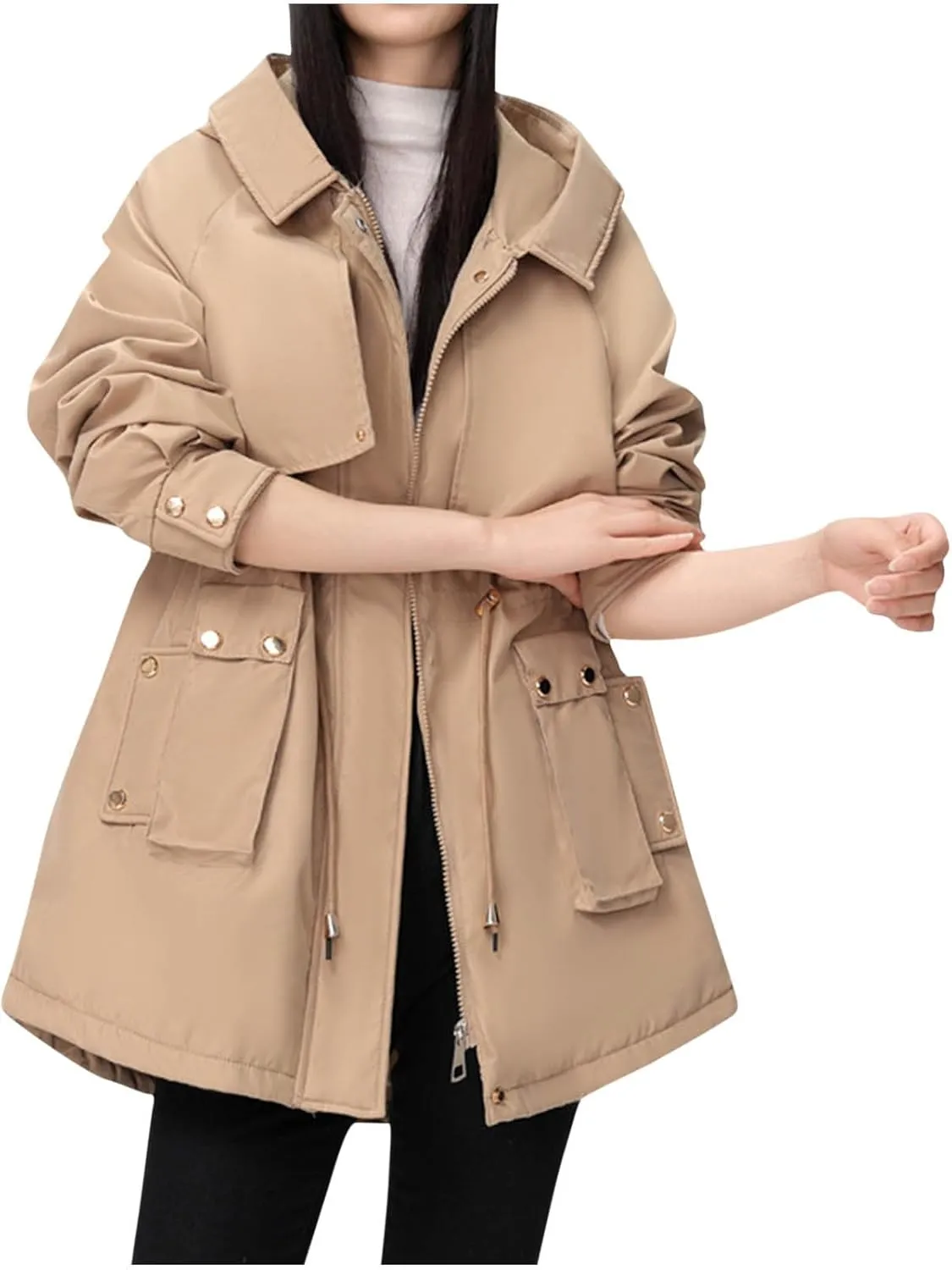 Borniu Women's Warm Thickened Parka Coat Winter Puffer Jacket with Removable Hood Drawstring Fleece Lined Down Jacket