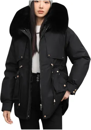 Borniu Women's Warm Thickened Parka Coat Winter Puffer Jacket with Removable Hood Drawstring Fleece Lined Down Jacket