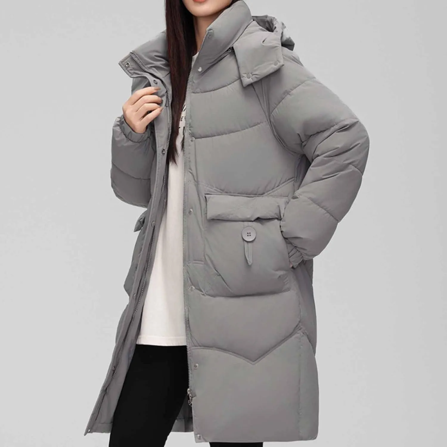 Borniu Women's Warm Thickened Parka Coat Winter Puffer Jacket with Removable Hood Trendy Quilted Down Jacket
