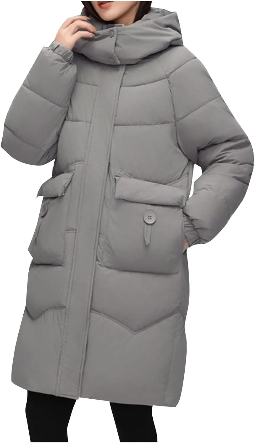 Borniu Women's Warm Thickened Parka Coat Winter Puffer Jacket with Removable Hood Trendy Quilted Down Jacket