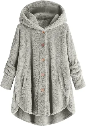 Button Down Cloak Jackets for Women Long Sleeve Fall Hoodies Fuzzy Flannel Jacket Coats Side Slit High Low Outerwears