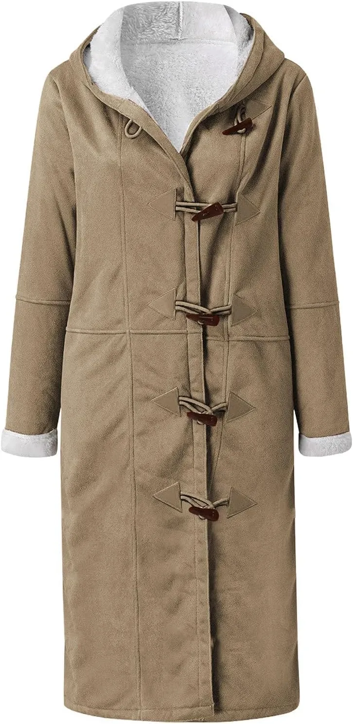 Canbebig Womens Long Sherpa Lined Suede Leather Hooded Coat Horn Button Jacket Winter Warm Longline Parka Outwear with Pocket