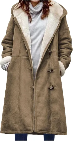 Canbebig Womens Long Sherpa Lined Suede Leather Hooded Coat Horn Button Jacket Winter Warm Longline Parka Outwear with Pocket