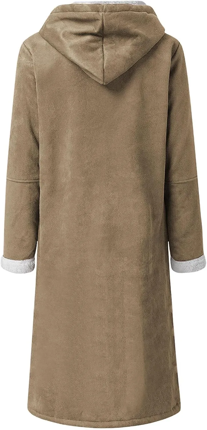 Canbebig Womens Long Sherpa Lined Suede Leather Hooded Coat Horn Button Jacket Winter Warm Longline Parka Outwear with Pocket
