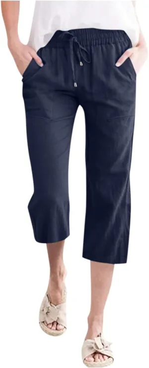 Capris Pants for Women Casual Summer Linen Lounge Palazzo Drawstring High Waisted Wide Leg Cropped Trousers