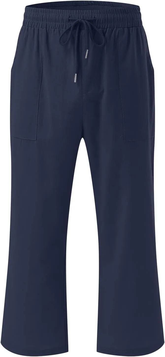 Capris Pants for Women Casual Summer Linen Lounge Palazzo Drawstring High Waisted Wide Leg Cropped Trousers