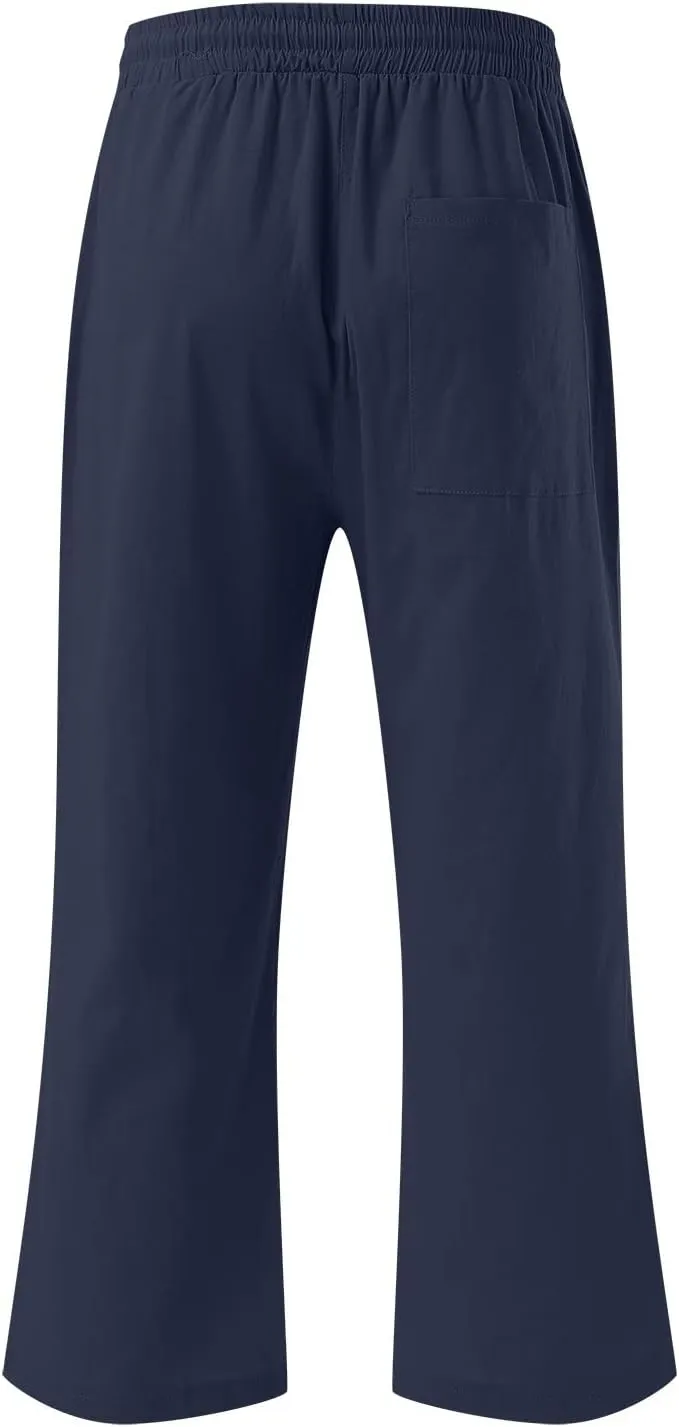Capris Pants for Women Casual Summer Linen Lounge Palazzo Drawstring High Waisted Wide Leg Cropped Trousers